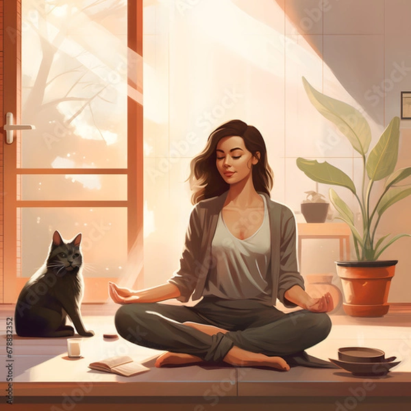 Fototapeta Artistic depiction of a woman engaging in meditation and yoga, finding serenity and peace in the calm and cozy atmosphere of her home. Embracing tranquility, cultivating a peaceful mind, and promoting
