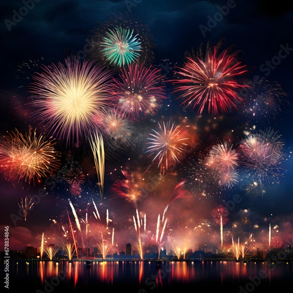 Fototapeta A festive night illuminated by stunning, colorful fireworks, painting the night sky with vibrant hues during celebratory moments. Welcome the New Year with a vivid display of exploding fireworks