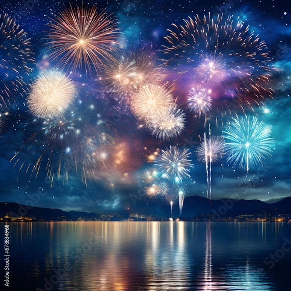 Fototapeta A festive night illuminated by stunning, colorful fireworks, painting the night sky with vibrant hues during celebratory moments. Welcome the New Year with a vivid display of exploding fireworks