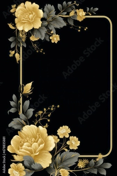 Obraz graphic vertical frame, yellow, flowers, black background, cornice floreale dorata decorata verticale rettangolare dorso carta cartolina copertina libro