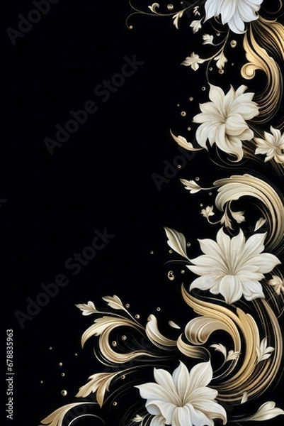 Obraz graphic vertical frame, white, flowers, black background, decoro floreale verticale rettangolare dorso carta cartolina copertina libro
