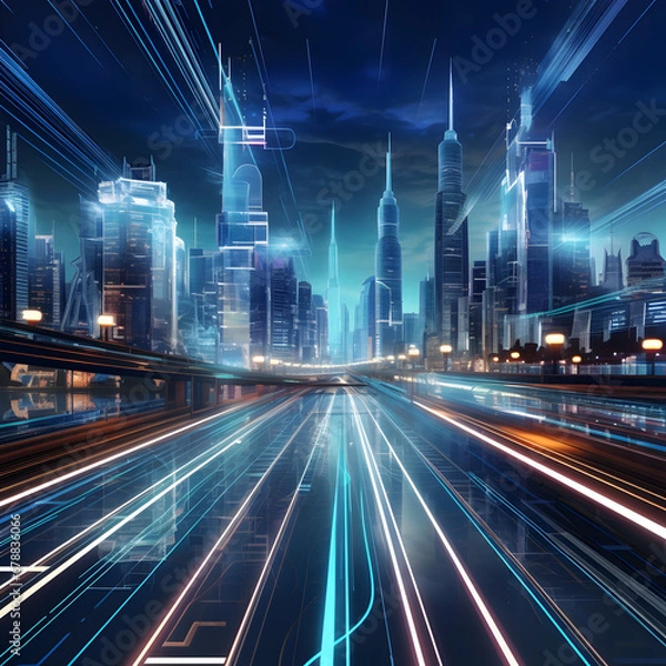 Fototapeta Light trails streaking through a sleek, modern metropolis, surrounded by towering skyscrapers and bathed in the glow of neon futuristic technology. A backdrop suggesting the future of virtual reality,