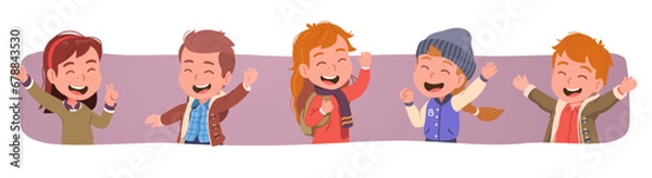 Fototapeta Girls, boys kids wearing winter warm clothes set