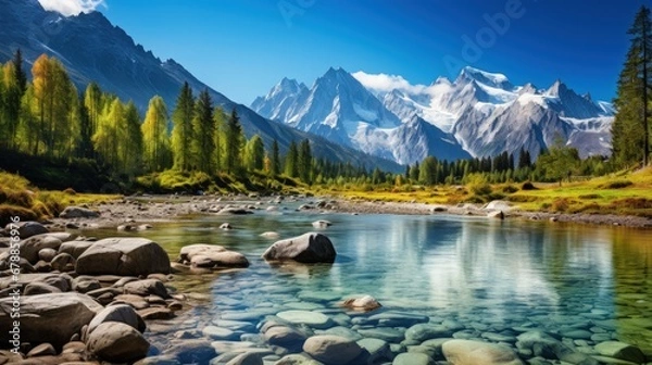 Fototapeta Panoramic photo of Colorful summer panorama of river with Mountain background
