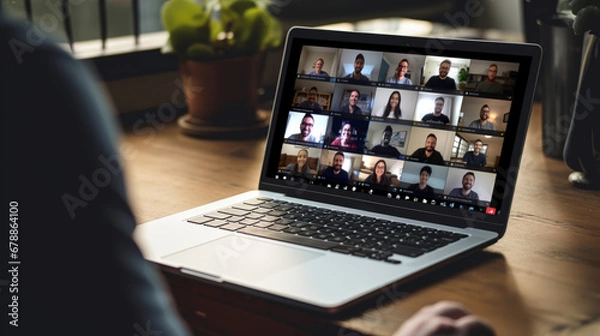 Obraz Man Working From Home Having Online Group Video meeting On Laptop