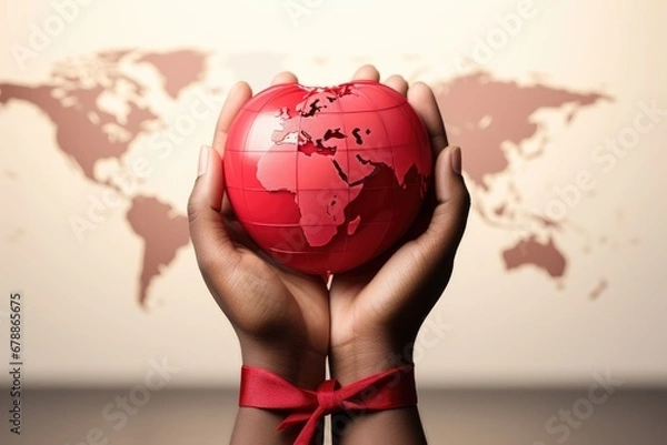 Obraz Hands tied with a red ribbon hold the globe. World AIDS Day. Advertising banner
