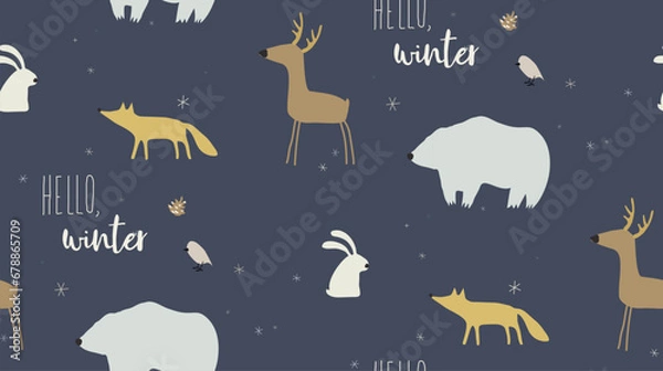 Fototapeta Seamless winter pattern with forest animals