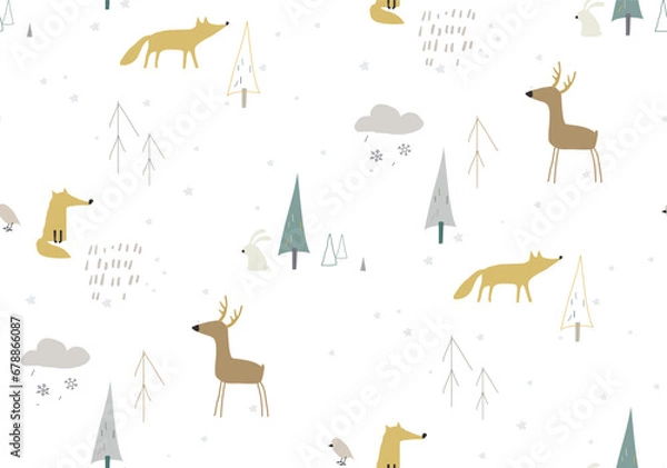 Obraz Seamless winter pattren with forest animals