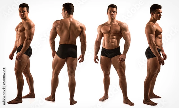 Fototapeta Four views of muscular shirtless male bodybuilder: back, front and profile shot, isolated on white background in studio shot