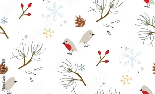 Fototapeta Seamless winter pattern with pine branches and birds