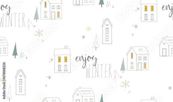 Fototapeta Seamless winter pattern with houses