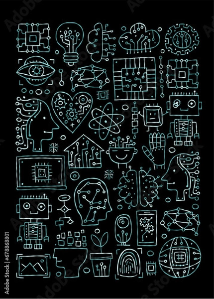 Fototapeta Artificial intelligence concept art. Hand drawn design elements. Vertical frame for your design
