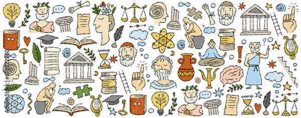 Obraz Philosophy concept art, hand-drawn philosophers and elements. Horizontal banner, background for your design in flat style