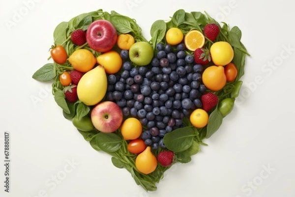 Fototapeta Assorted fruits and vegetables forming a heart shape isolated on white background, top view