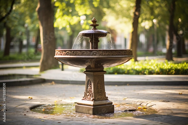 Fototapeta Fountain in the park, jets of water, visual harmony. This image reflects the beauty of nature, where the fountain becomes the central element.