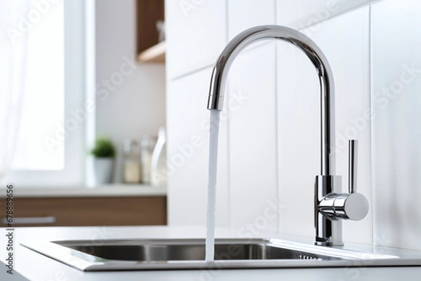Fototapeta An open tap in the kitchen from which water flows, modern design, plumbing, household appliances. A strong emphasis on modern design emphasizes the functionality 
