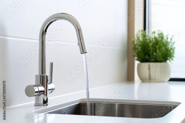 Fototapeta Faucet in the kitchen, modern design, plumbing, household appliances. Faucet in the kitchen, its laconic style and ease of use.