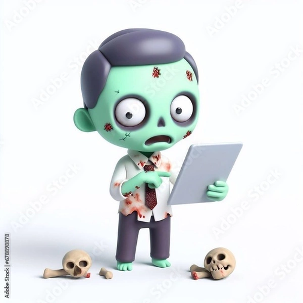 Fototapeta 3d zombie human character with tablet computer
