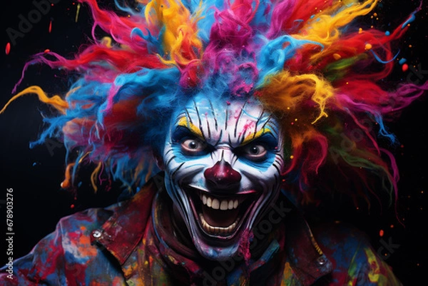 Fototapeta Portrait of a scary clown in a colorful wig on a dark background