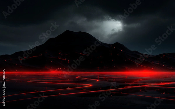 Obraz Dark mountain over a bright red terrain wallpaper concept (Generative AI)