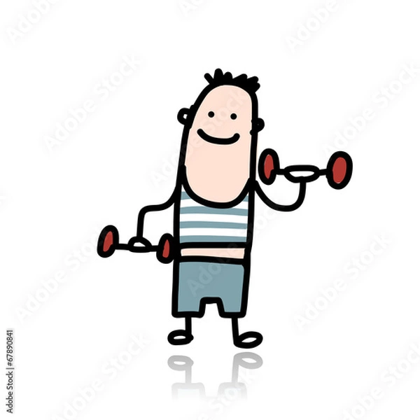 Fototapeta Man with dumbbells doing exercises, cartoon character