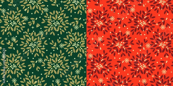 Obraz Christmas seamless pattern with decorative mistletoe branches. Wrapping paper design in two colour variations green, gold and red, gold.