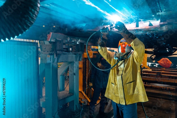 Fototapeta man working under a train using a welder 