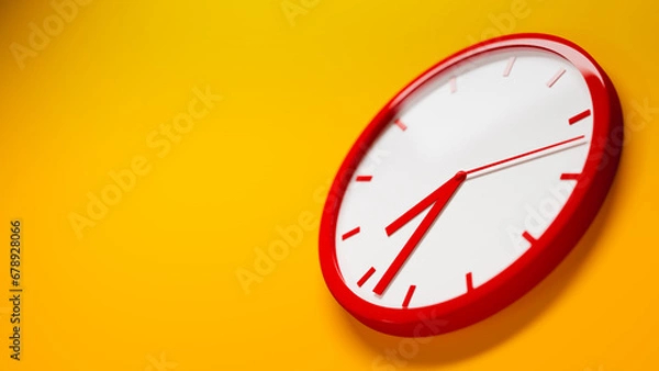 Fototapeta A red analog clock on an orange wall, time limit and business productivity theme, 3d illustration