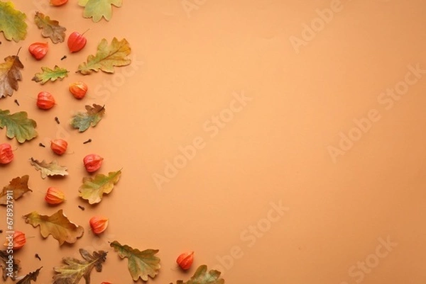 Fototapeta Dry autumn leaves and physalises on pale orange background, flat lay. Space for text