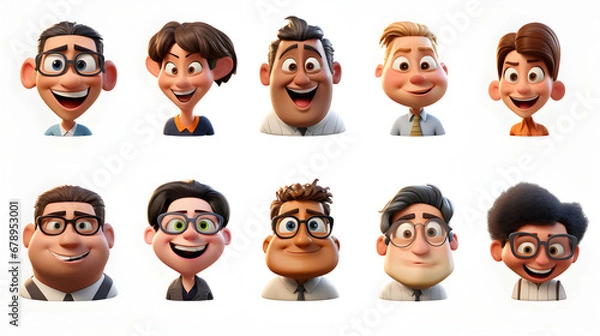 Fototapeta Set of funny cartoon people 3d animation with various races isolated on white background