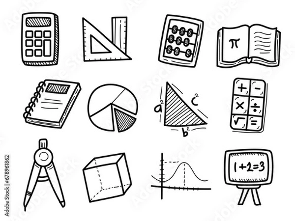 Fototapeta Set of mathematic doodle illustrations on a white background. Hand-drawn math vector collection