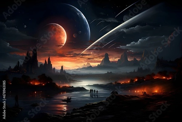 Fototapeta Astronaut approaching an unknown planet in a landscape where the sun hovers on the horizon, generative AI