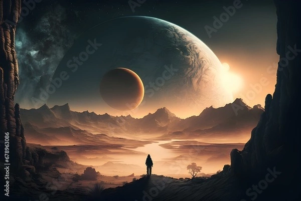 Fototapeta Astronaut approaching an unknown planet in a landscape where the sun hovers on the horizon, generative AI