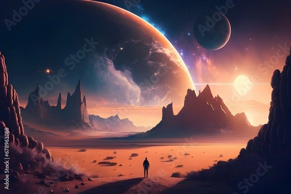 Fototapeta Astronaut approaching an unknown planet in a landscape where the sun hovers on the horizon, generative AI