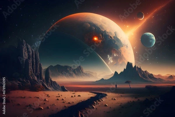 Fototapeta Astronaut approaching an unknown planet in a landscape where the sun hovers on the horizon, generative AI