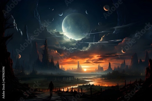 Fototapeta Astronaut approaching an unknown planet in a landscape where the sun hovers on the horizon, generative AI