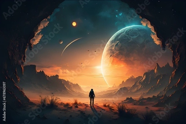 Fototapeta Astronaut approaching an unknown planet in a landscape where the sun hovers on the horizon, generative AI