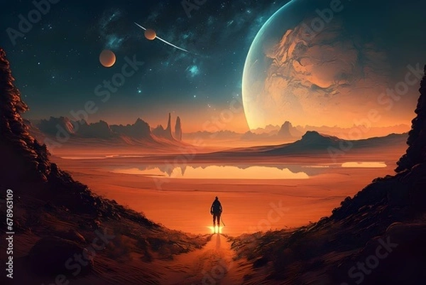 Fototapeta Astronaut approaching an unknown planet in a landscape where the sun hovers on the horizon, generative AI