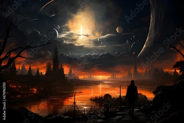 Fototapeta Astronaut approaching an unknown planet in a landscape where the sun hovers on the horizon, generative AI