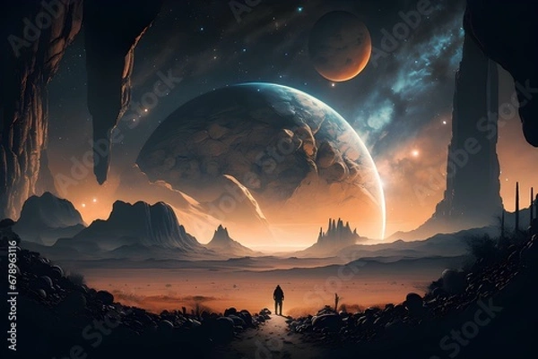 Fototapeta Astronaut approaching an unknown planet in a landscape where the sun hovers on the horizon, generative AI