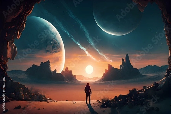 Fototapeta Astronaut approaching an unknown planet in a landscape where the sun hovers on the horizon, generative AI