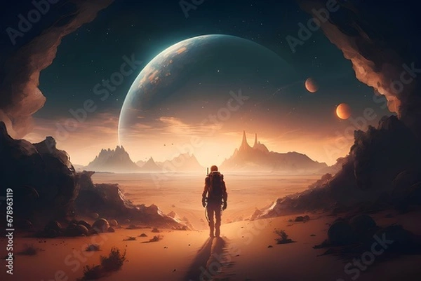 Fototapeta Astronaut approaching an unknown planet in a landscape where the sun hovers on the horizon, generative AI