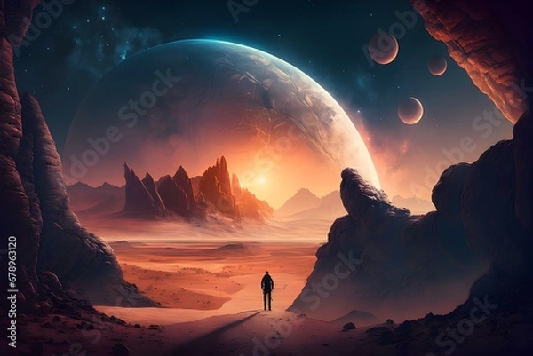 Fototapeta Astronaut approaching an unknown planet in a landscape where the sun hovers on the horizon, generative AI