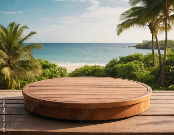 Fototapeta Empty wooden round platform on the table top with tropical beach background