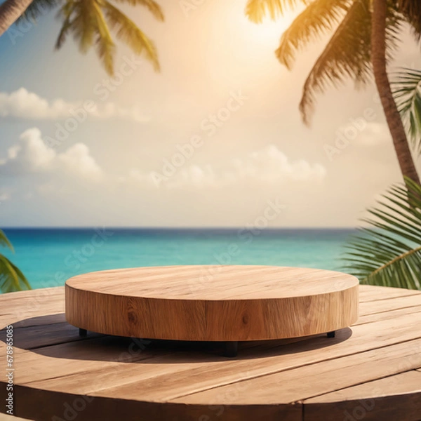 Fototapeta Empty wooden round platform on the table top with tropical beach background