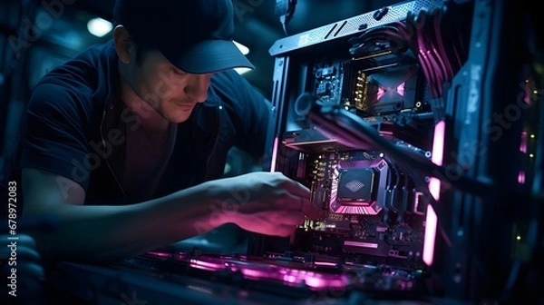 Obraz Art of PC building, low-angle shot of an individual meticulously assembling components inside a custom PC rig, the LED lighting showcasing the blend of functionality and aesthetics.