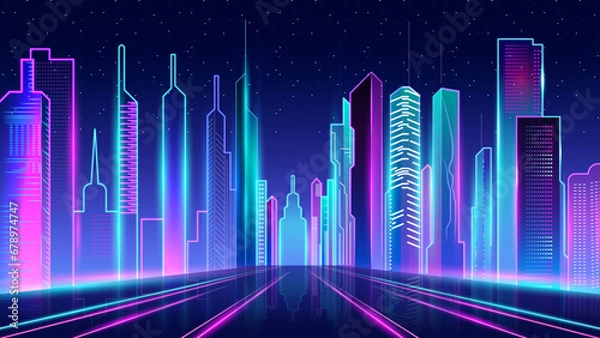 Fototapeta neon cityscape with futuristic city, cartoon vector illustration, game background