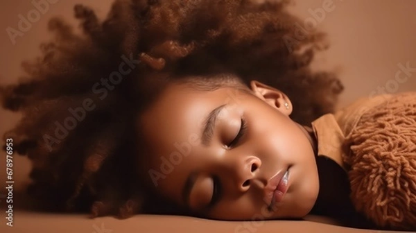Fototapeta Cute afrikan's little girl lying on floor sleeping with closed eyes in light brown color background generative ai