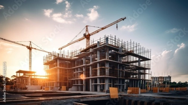 Fototapeta Construction background: A Construction site of large residential commercial building, some already built, large metal structure with bright sky background.