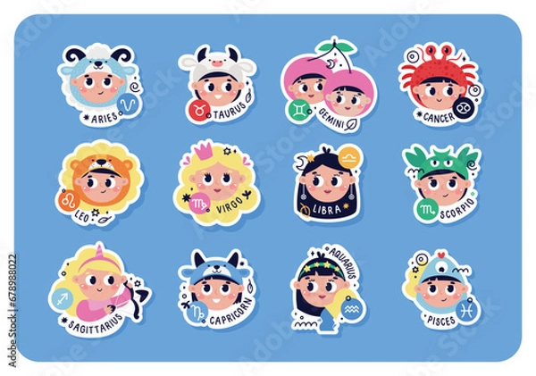 Fototapeta Colorful vector stickers with zodiac signs. Astrological horoscope vector symbol for kids. Aquarius, Taurus, Aries, Gemini, Cancer, Leo, Virgo, Libra, Scorpio, Sagittarius, Capricorn, Pisces